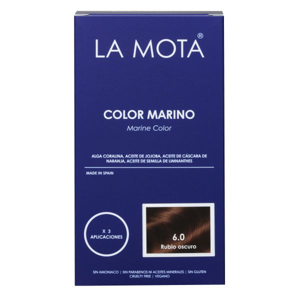 Kit Color Marino 6.0 Rubio oscuro La Caja Azul LA MOTA Color Marino 6.0 rubio oscuro coloración en aceite LA MOTA La Caja Azul kit de color en casa 3 aplicaciones LA MOTA Kit Color Marino 6.0 rubio oscuro cubre canas LA MOTA Coloración en aceite Color Marino 6.0 rubio oscuro Resultado natural rubio oscuro Color Marino LA MOTA