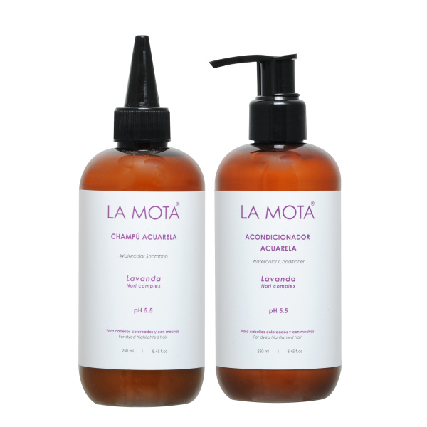 Bodegón de la Línea Acuarela de LA MOTA®, productos capilares para proteger y realzar el color del cabello