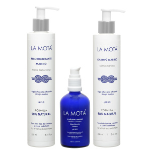 Pack Marino Colágeno LA MOTA® — Champú Marino, Reestructurante pH 3.0 y Colágeno Marino antifrizz sin aclarado