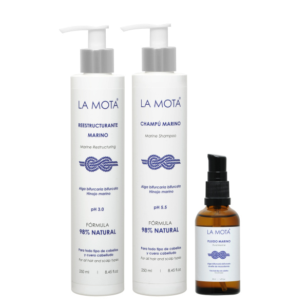 Rutina capilar completa con el Pack Marino Fluido LA MOTA® — tres pasos con activos marinos para cuero cabelludo y fibra