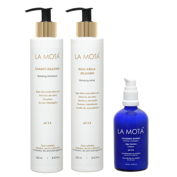 Pack Relaxing + Colágeno LA MOTA® — Champú Relaxing, Mascarilla Relaxing y Colágeno Marino antifrizz sin aclarado para cabello seco y encrespado