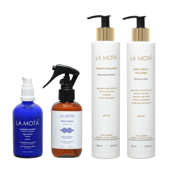 Pack Relaxing Pro LA MOTA® — Champú Relaxing, Mascarilla, Tónico Marino y Colágeno Marino antifrizz para cabello seco y encrespado en verano